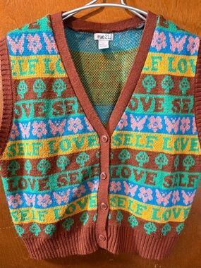 Rue21 Multicolor Knit Vest with Brown Trim